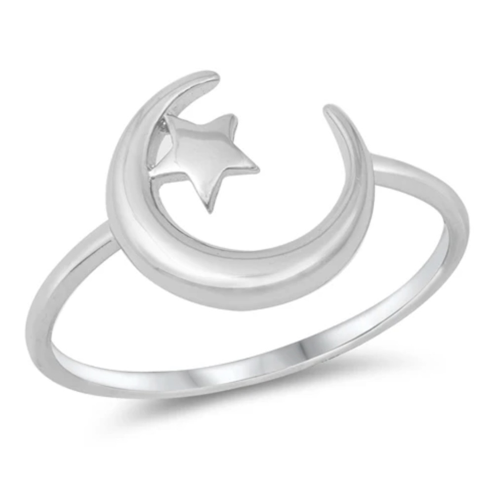 Sterling Silver Moon and Star Ring – Size 8 – 12 mm Face Height